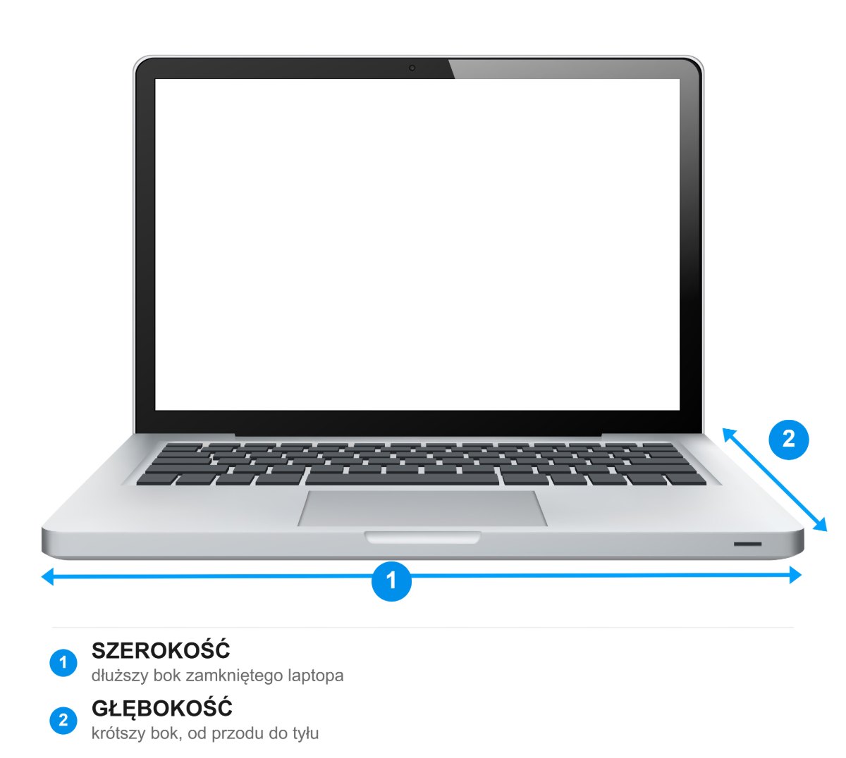 Jak zmierzyć laptopa do torby — schemat pokazujący szerokość i głębokość zamkniętego laptopa