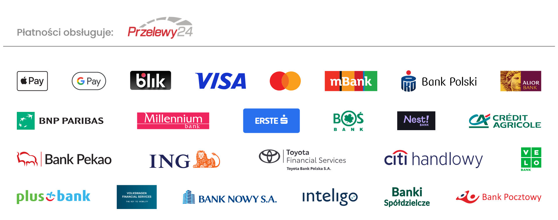 Metody płatności: BLIK, Visa, Mastercard, Apple Pay, Google Pay oraz szybkie przelewy z banków mBank, PKO Bank Polski, ING, Pekao, Alior, Millennium i BNP Paribas